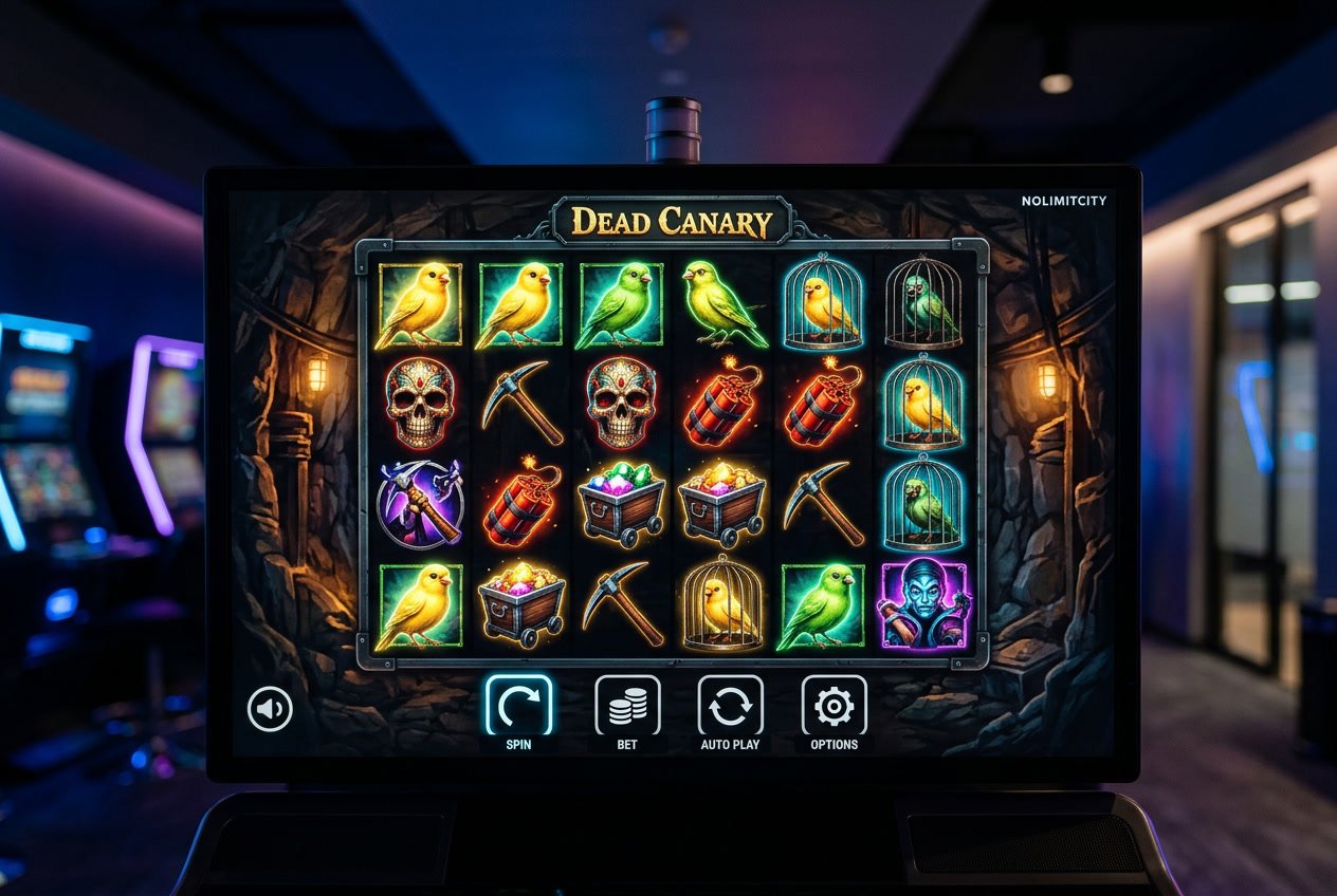 Tampilan antarmuka permainan online Dead Canary dengan simbol burung kenari dan tengkorak di layar mesin slot digital.