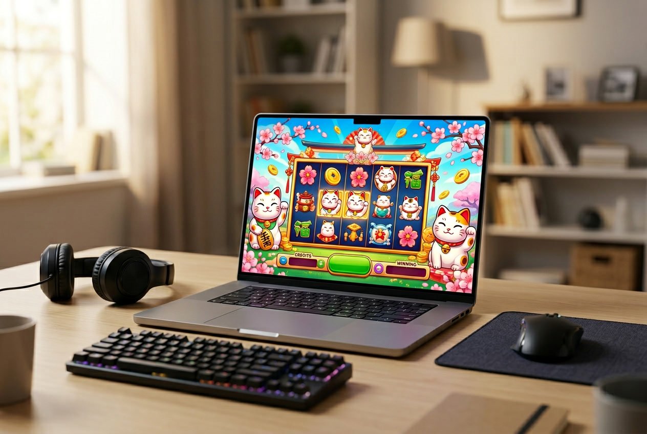 Sebuah komputer dengan layar menampilkan permainan Win Win Neko, dikelilingi aksesori gaming di atas meja yang rapi.