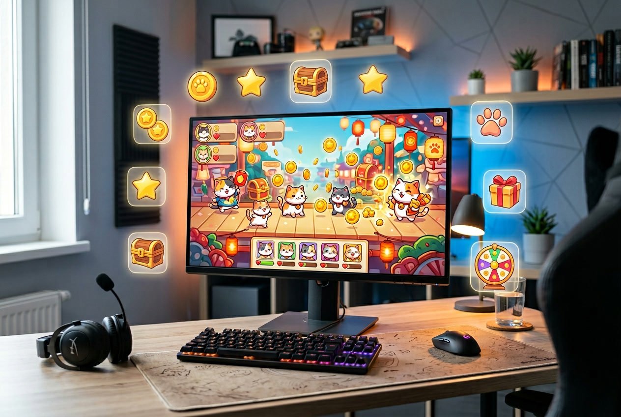 Sebuah meja kerja dengan komputer menampilkan grafis permainan kucing berwarna-warni dan aksesori gaming di sekitarnya.