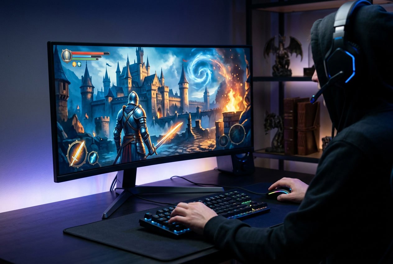 Seseorang sedang bermain game online dengan tema ksatria dan kastil di layar komputer.