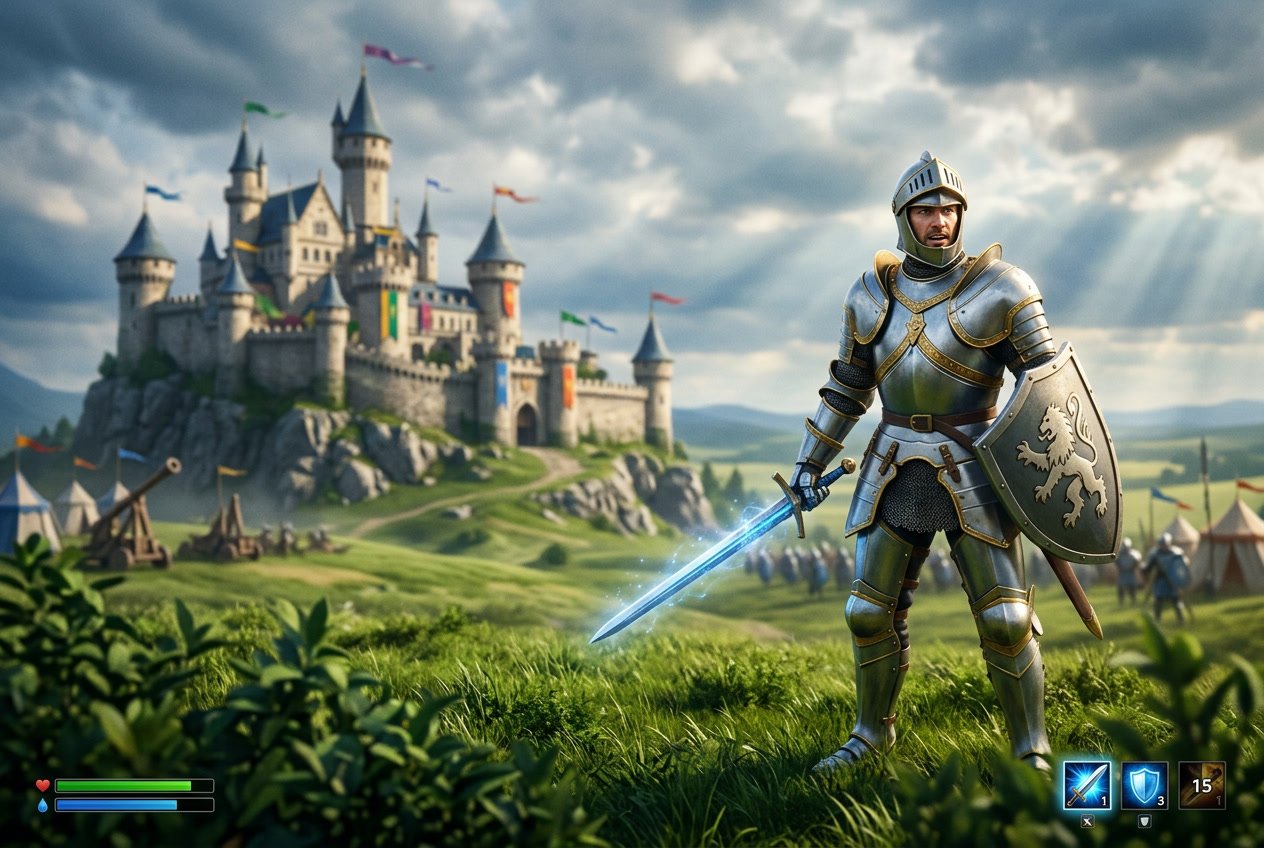 Seorang ksatria bersenjata lengkap berdiri di medan perang hijau dengan kastil megah di latar belakang di bawah langit dramatis.