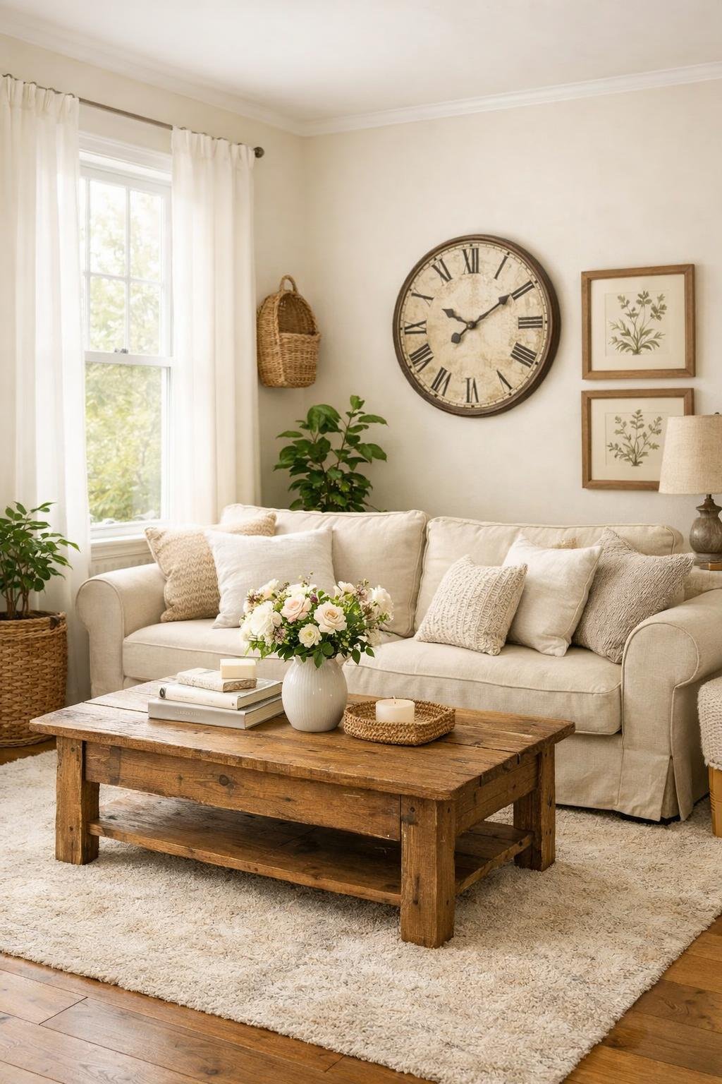 A small living room with a beige sofa, wooden coffee table, plants, and natural light coming through windows.