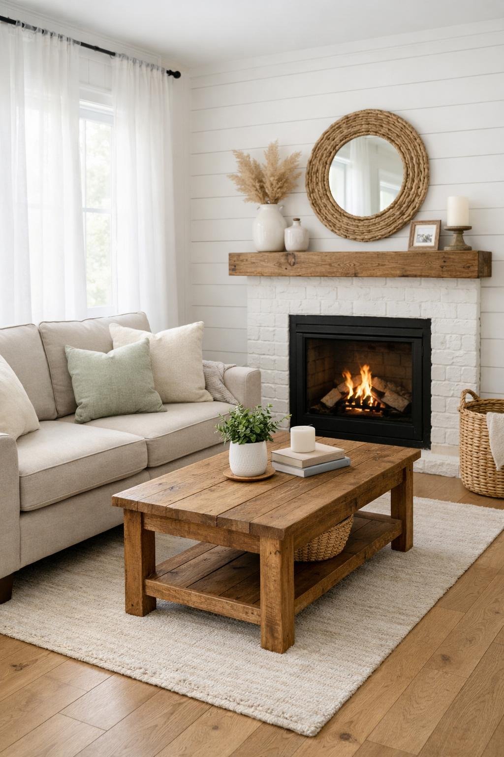 A small living room with a sofa, coffee table, fireplace, and natural light creating a cozy and clean atmosphere.