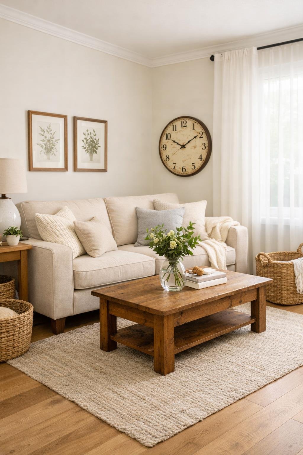 A small living room with a beige sofa, wooden coffee table, natural light from a window, and simple decorative plants and baskets.