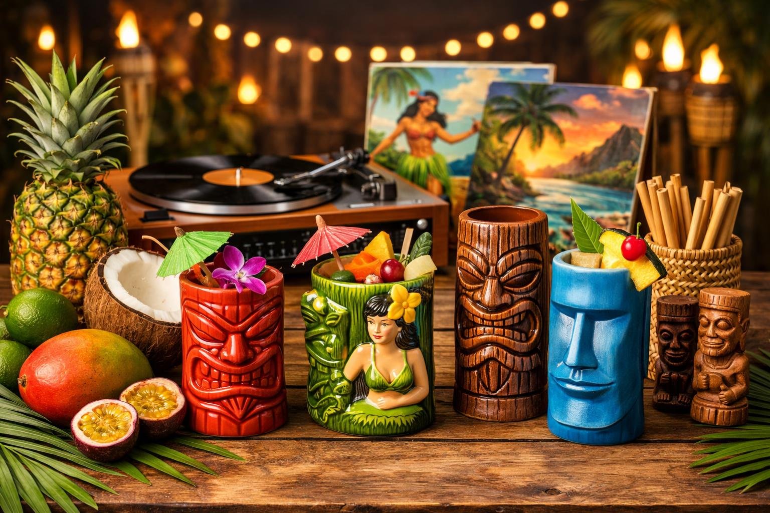 A table with tiki mugs, tropical fruits, bamboo straws, tiki statues, and a vinyl record player with tropical-themed records in the background.