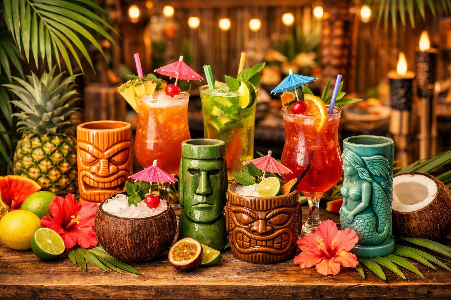 A table displaying colorful tiki mugs and tropical cocktails surrounded by palm leaves, pineapples, coconuts, and flowers, evoking a festive tiki party atmosphere.
