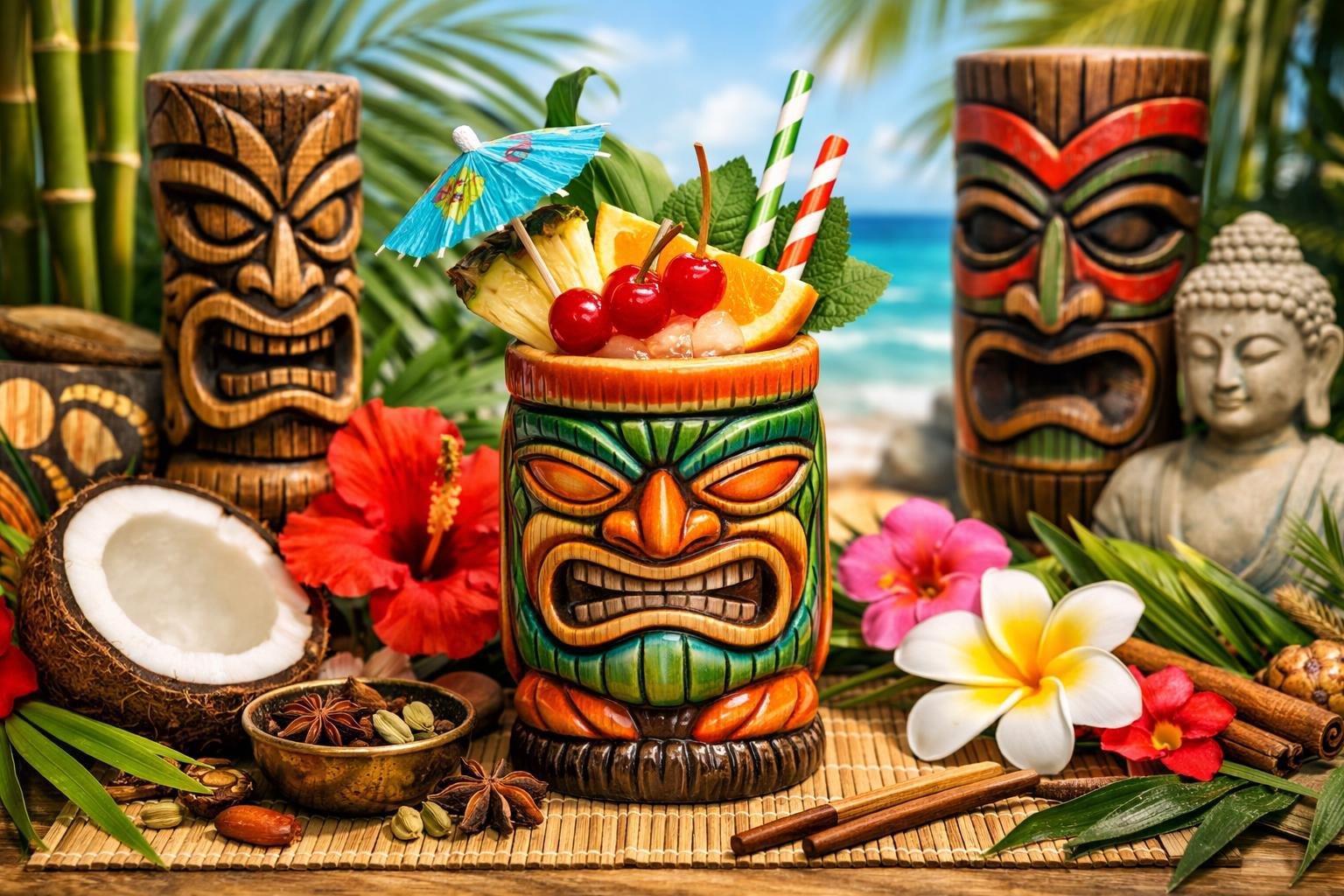 A colorful tiki cocktail garnished with tropical fruits and a paper umbrella, surrounded by tropical flowers, tiki carvings, and bamboo, set in a bright outdoor tropical scene.