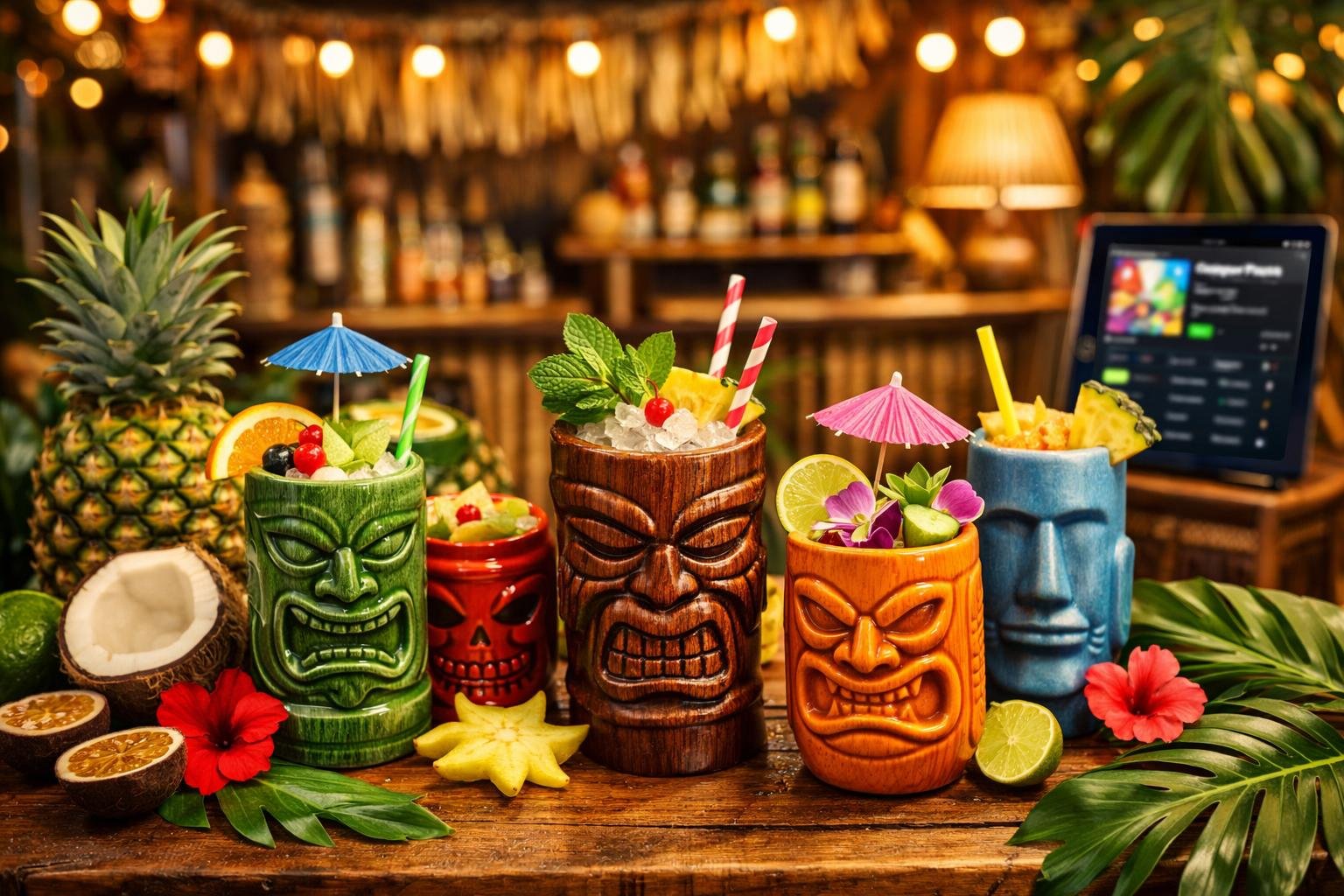 A table with colorful tiki cocktail mugs decorated with fruit and umbrellas, surrounded by tropical decorations and a tiki bar in the background.