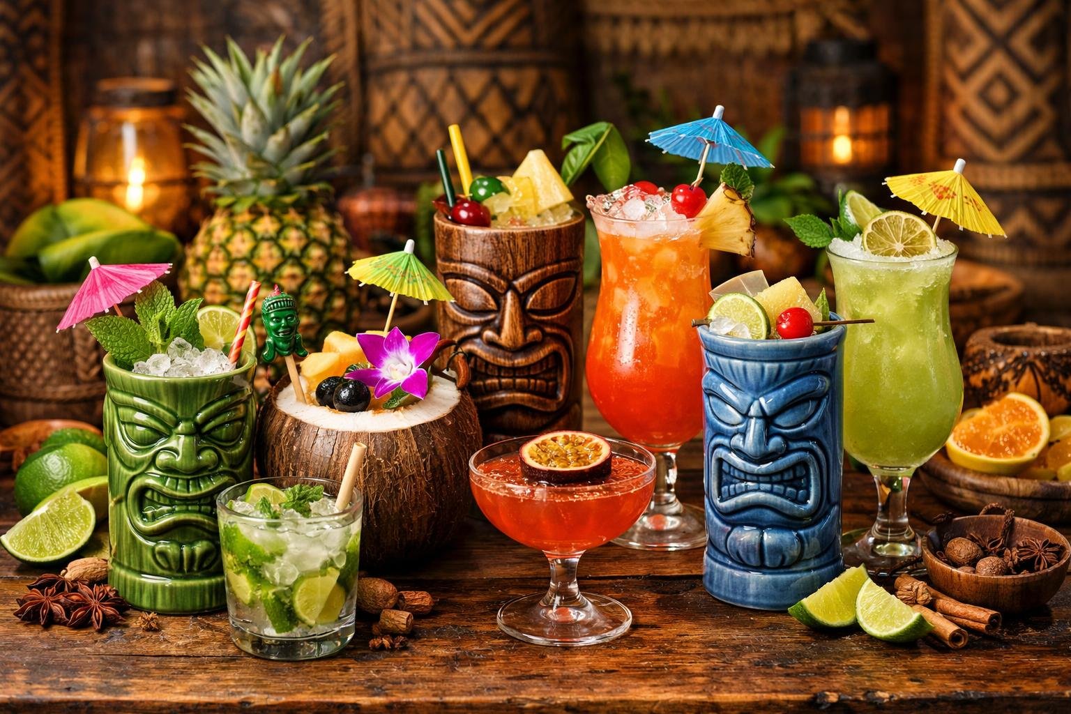 A variety of colorful tiki cocktails with fruit garnishes displayed on a wooden bar counter surrounded by tropical fruits and decorative elements.