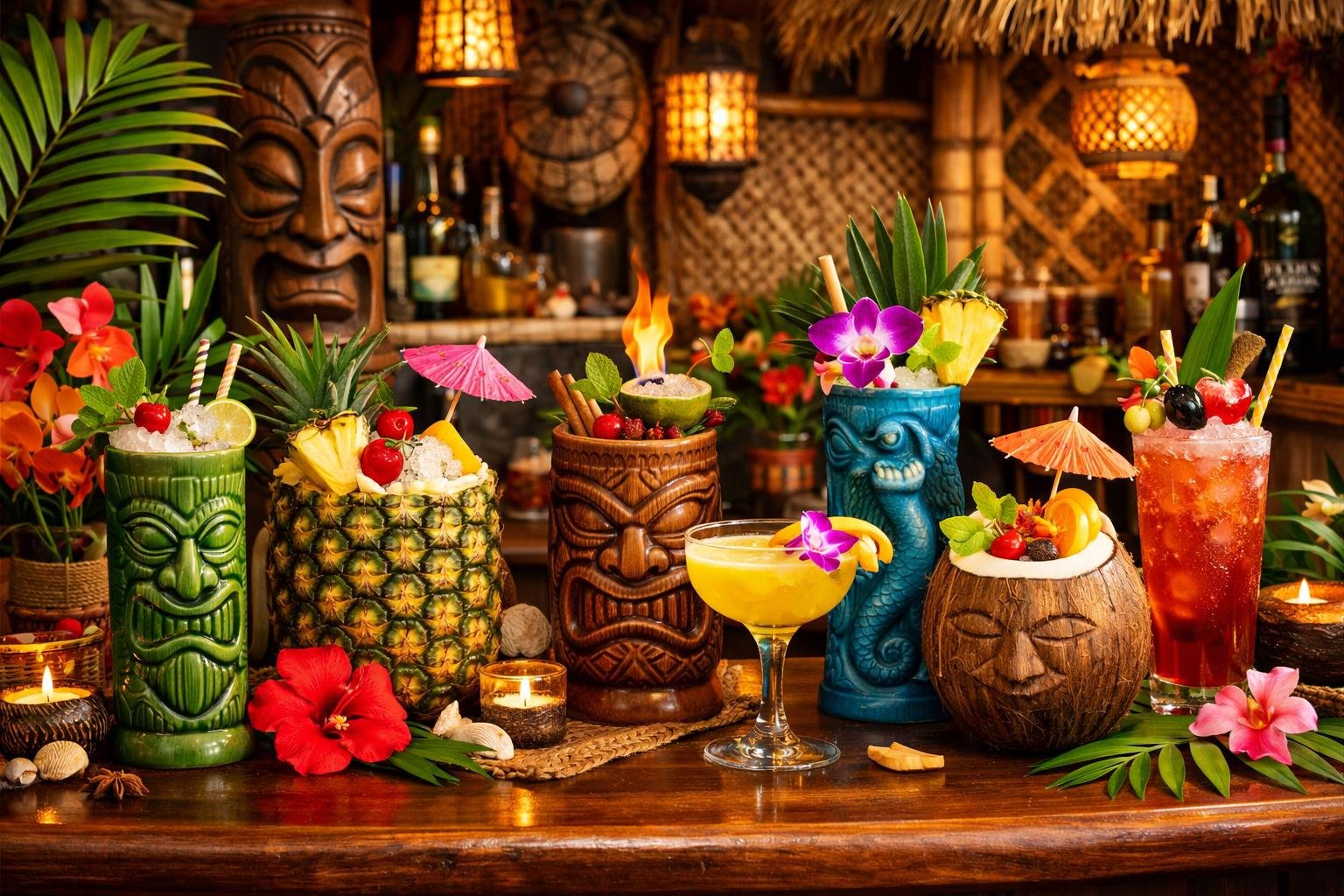 A tiki cocktail bar with tropical decorations, carved statues, and colorful drinks garnished with fruit and umbrellas.