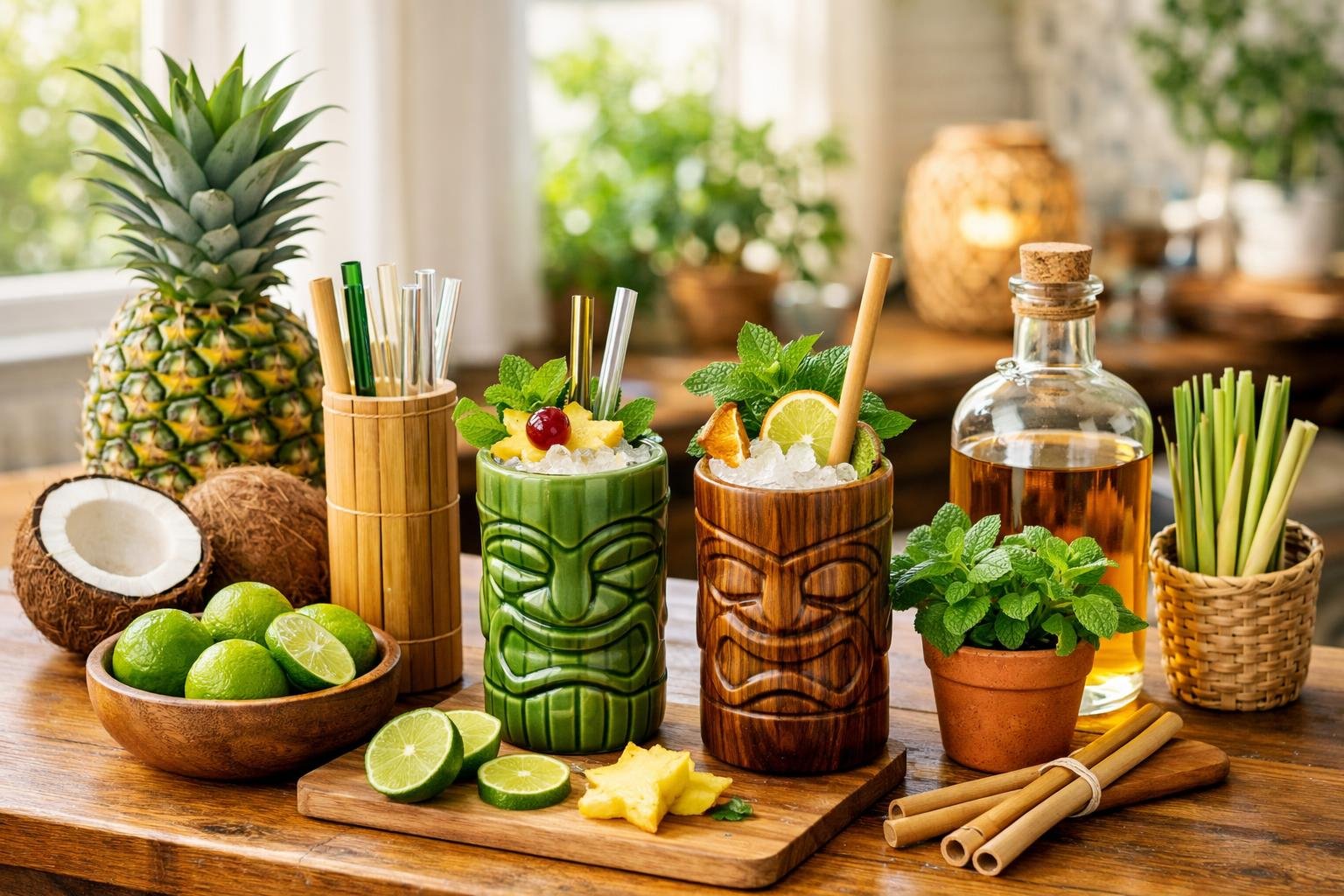 A home bar with tropical fruits, herbs, and eco-friendly cocktail supplies arranged on a wooden counter.