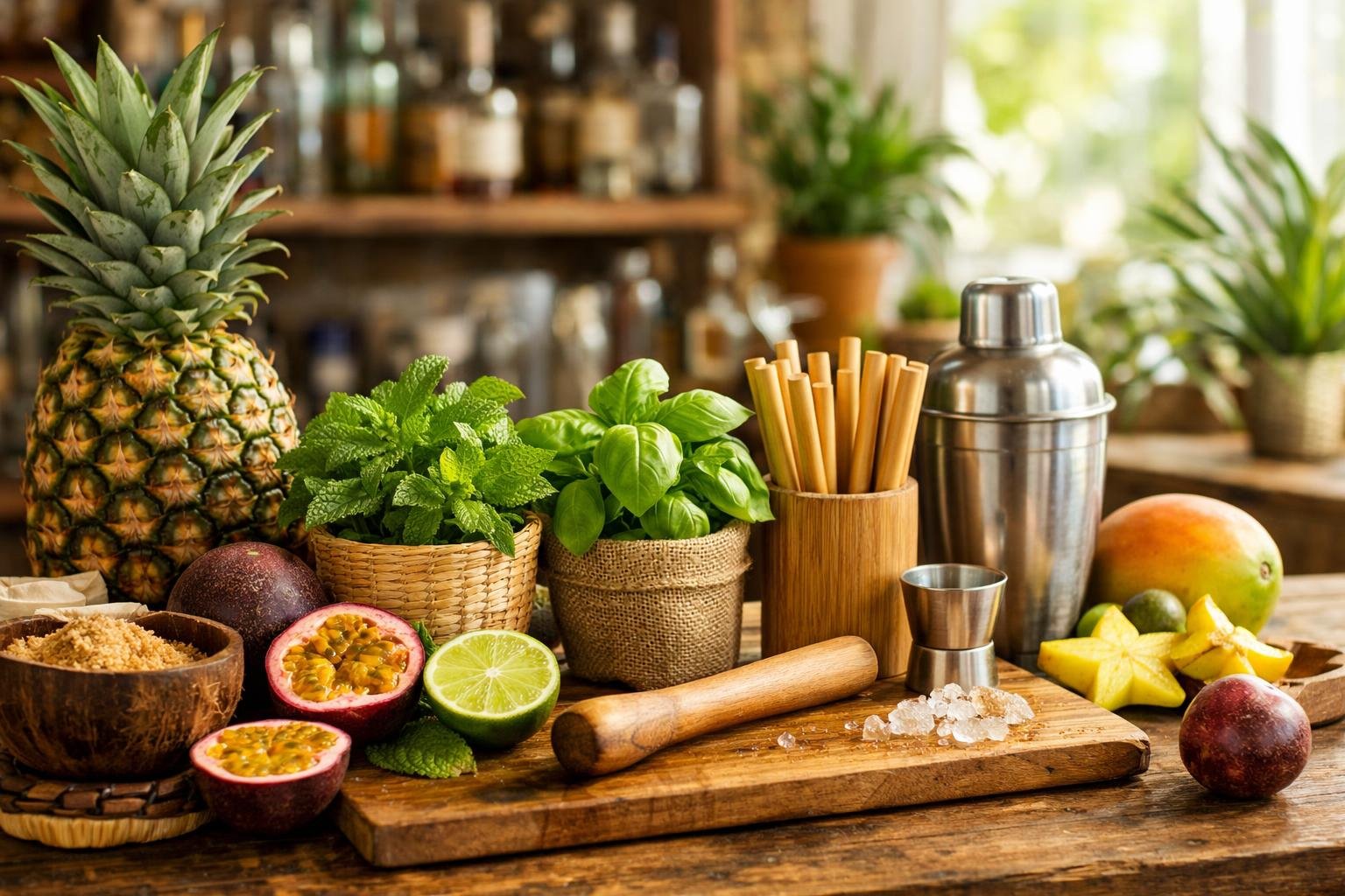 A wooden bar countertop with fresh tropical fruits, herbs, and eco-friendly cocktail tools arranged for making tiki cocktails in a home bar setting.
