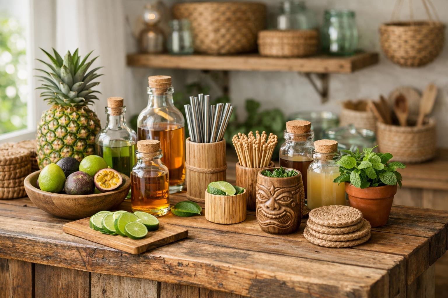 A home bar with sustainable ingredients and eco-friendly supplies, including fresh fruits, glass bottles, reusable straws, and natural decor.
