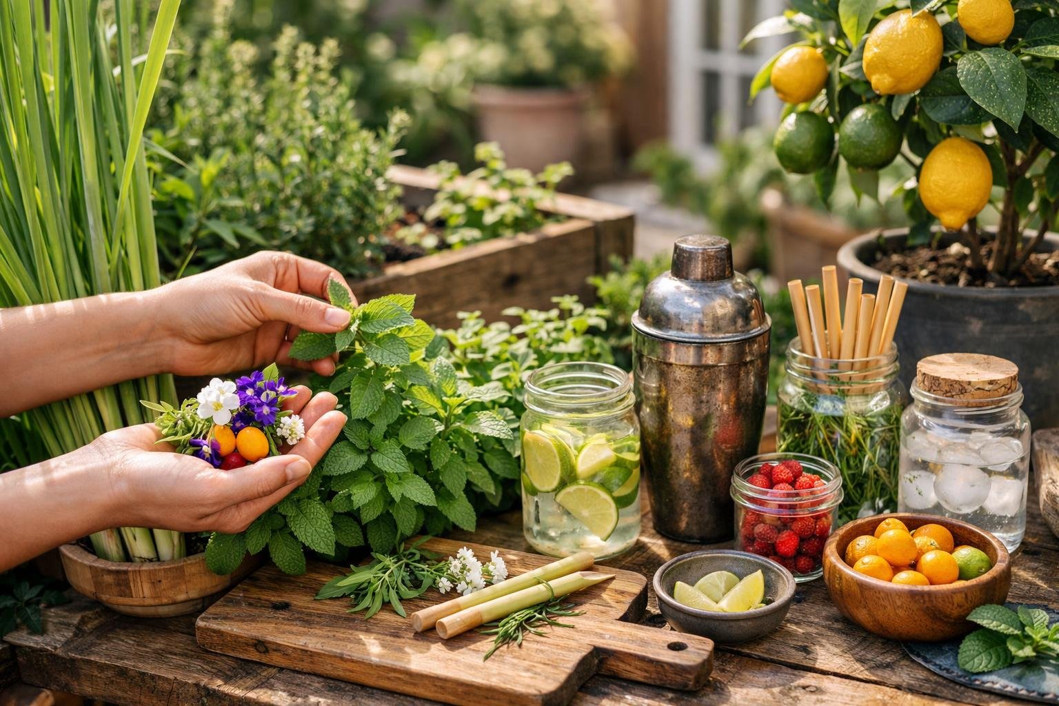 Hands harvesting fresh herbs and tropical plants in a home garden with a wooden table displaying natural cocktail supplies.