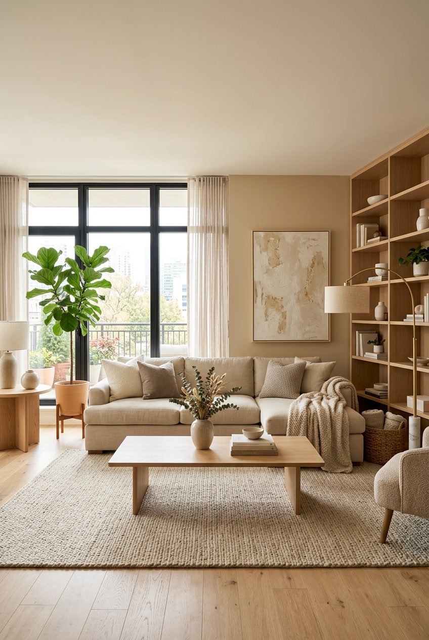 Ein modernes Wohnzimmer mit einem beigen Sofa, einem Couchtisch, Pflanzen und großen Fenstern, das hell und einladend wirkt.