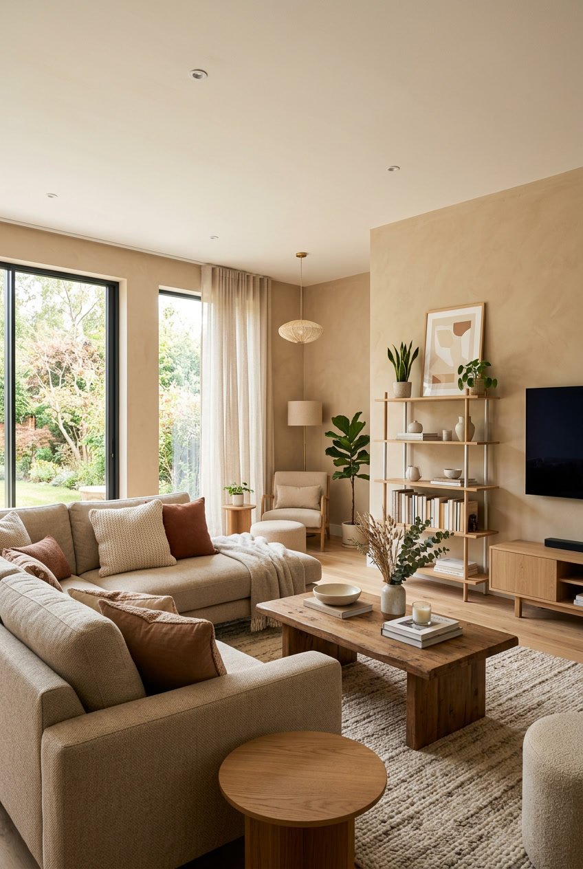 Ein Wohnzimmer mit warmen beigen Wänden, einem beigen Sofa, einem Holztisch und Pflanzen, das hell und einladend wirkt.