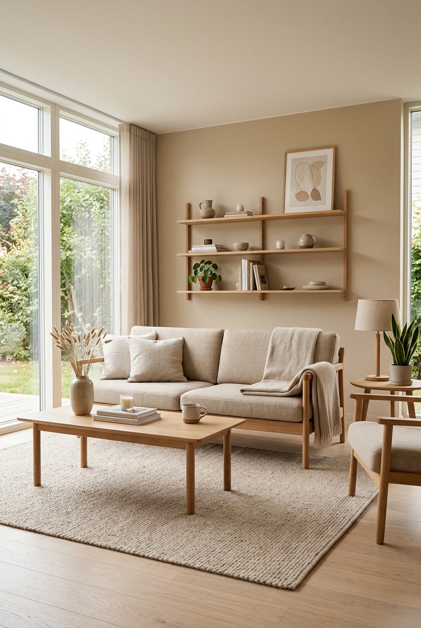Ein Wohnzimmer mit Holz-Möbeln, einem Sofa, einem Couchtisch und Pflanzen, alles in beige gehalten.