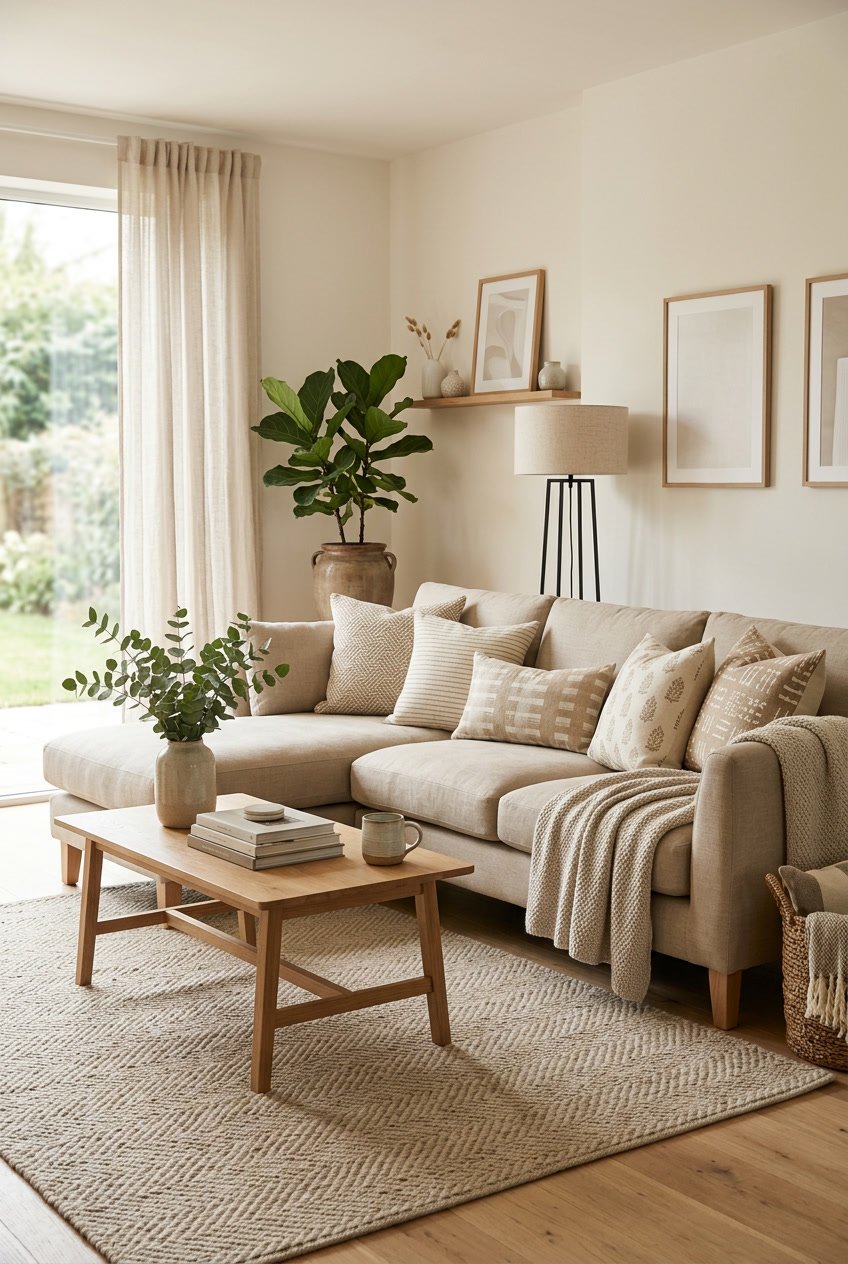 Ein Wohnzimmer mit einem Sofa, auf dem gemusterte Beistellkissen in Creme- und Sandfarben liegen, umgeben von Möbeln und Pflanzen.