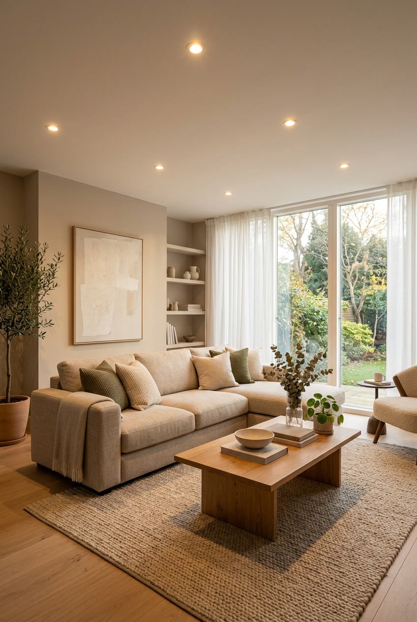 Ein Wohnzimmer mit beigen Möbeln und sanfter LED-Beleuchtung durch dimmbare Spots an der Decke.