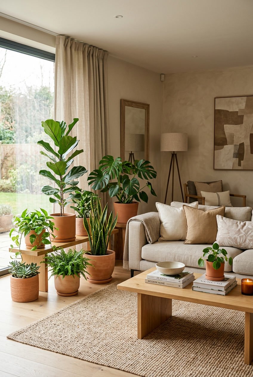 Wohnzimmer mit beigen Möbeln und Terrakotta-Pflanzkübeln mit grünen Zimmerpflanzen.