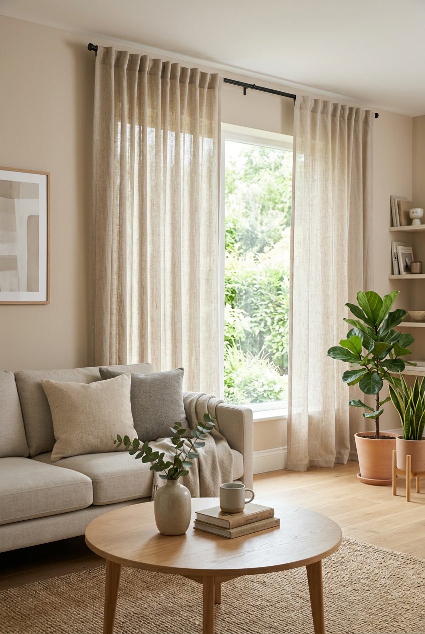 Wohnzimmer mit beigefarbenen Leinenvorhängen an einem Fenster, Sofa, Couchtisch und Pflanzen.