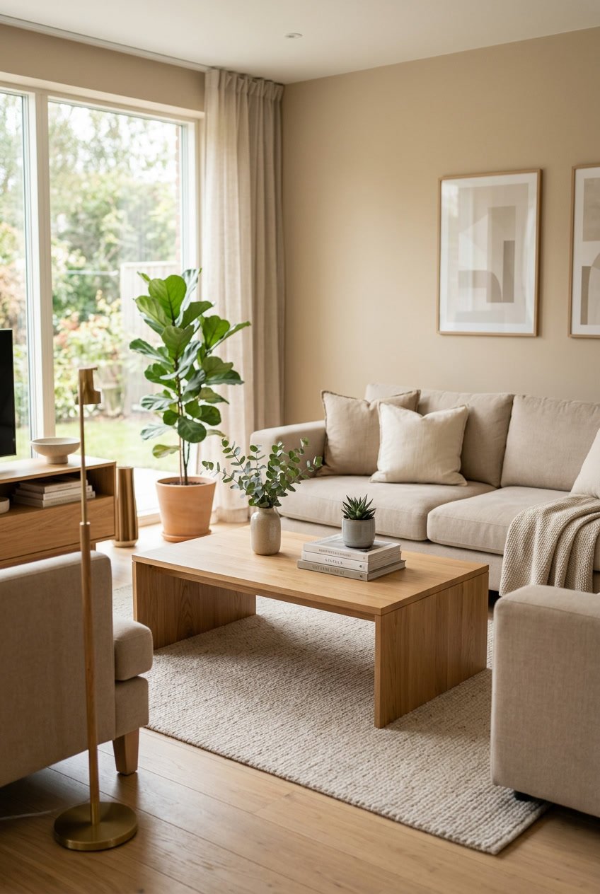 Wohnzimmer mit niedrigem Couchtisch aus Eichenholz, beigen Sofas und natürlichem Licht.