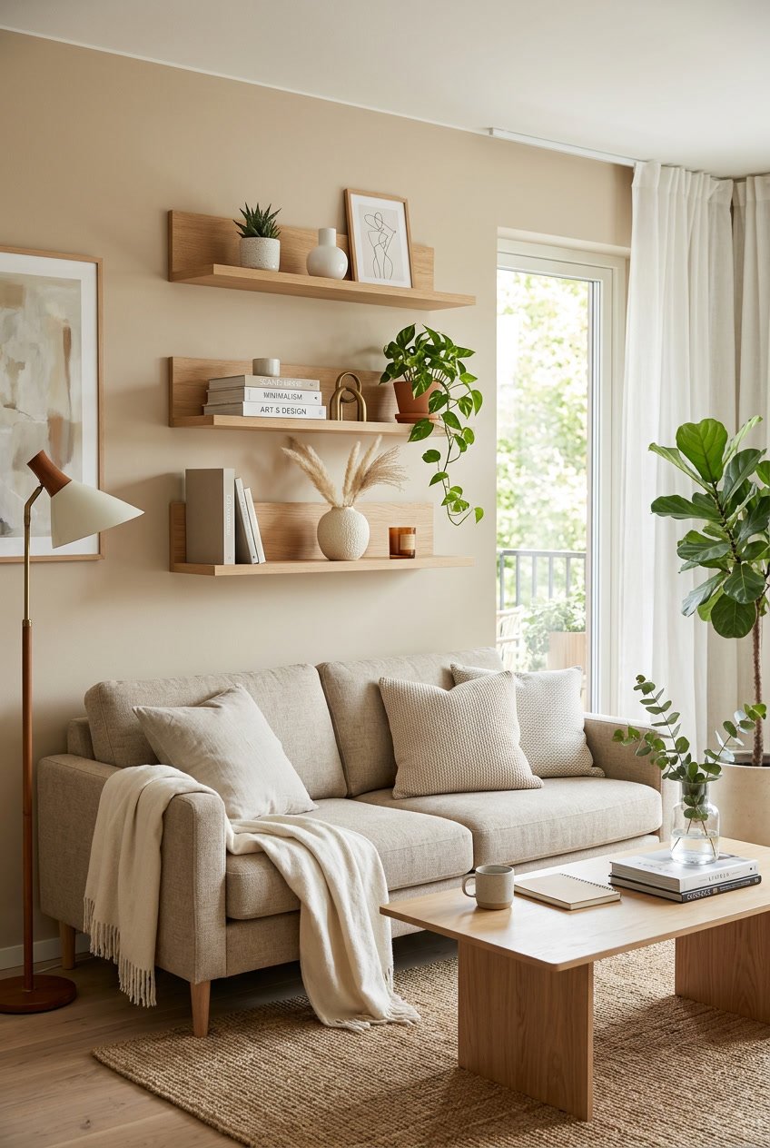 Wohnzimmer mit hellen Holzregalen an der Wand, dekoriert mit Pflanzen und Vasen, beige Sofa und natürlichem Licht.