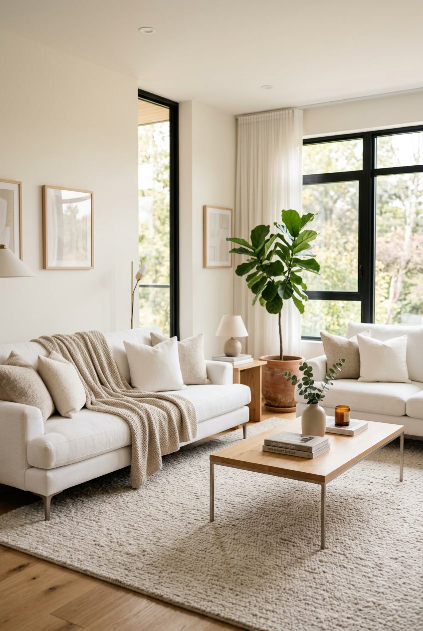 Helles Wohnzimmer mit weißen Polstersofas und beigen Überwürfen, gemütlich eingerichtet.