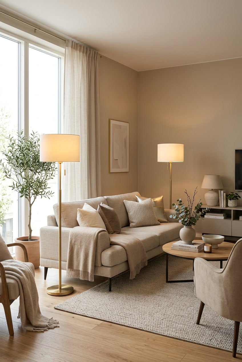 Wohnzimmer mit Stehleuchten aus goldenem Metall neben einem beigen Sofa und warmem Licht.