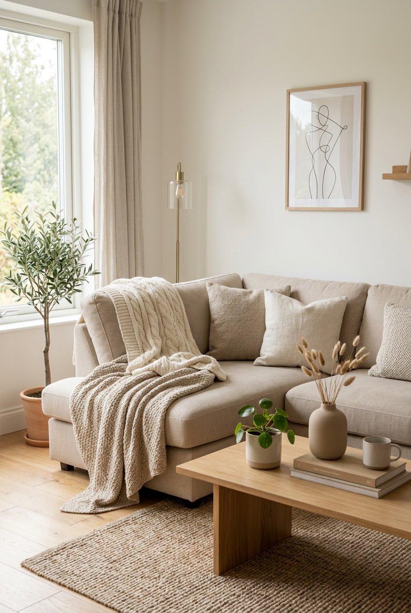Modernes Wohnzimmer mit einer beigen Couch, auf der kuschelige gestrickte Decken in Naturtönen drapiert sind.