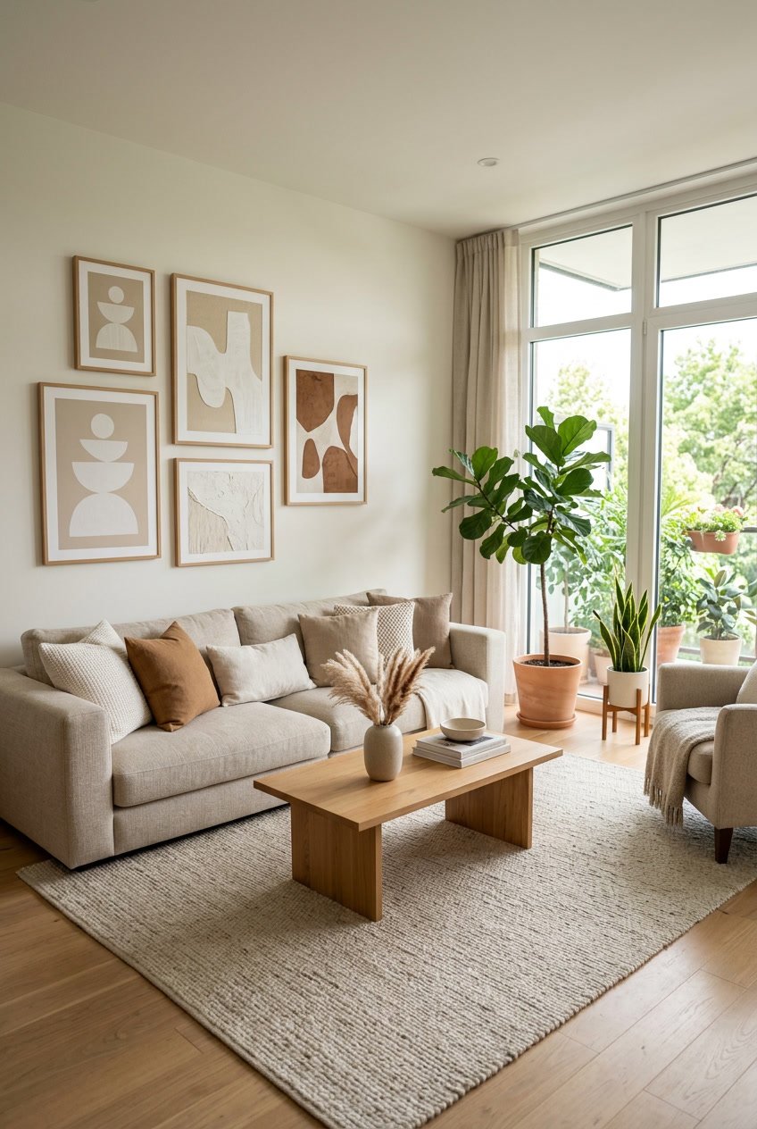 Wohnzimmer mit Sofa, minimalistischer Wandkunst in Beige-, Weiß- und Brauntönen und natürlichem Licht.