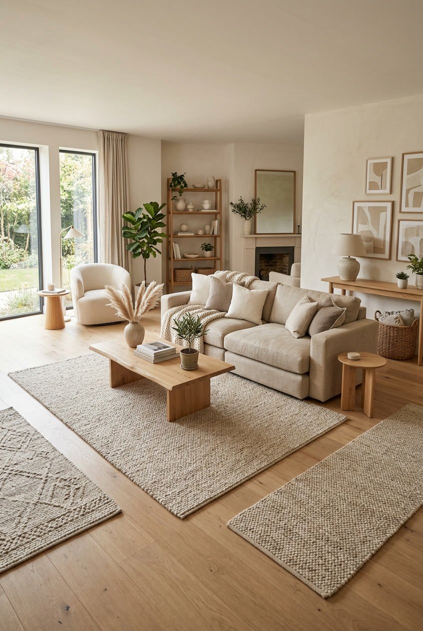 Wohnzimmer mit natürlichen Wollteppichen in Sandfarben auf dem Boden, umgeben von beigen Möbeln und hellem Holz.