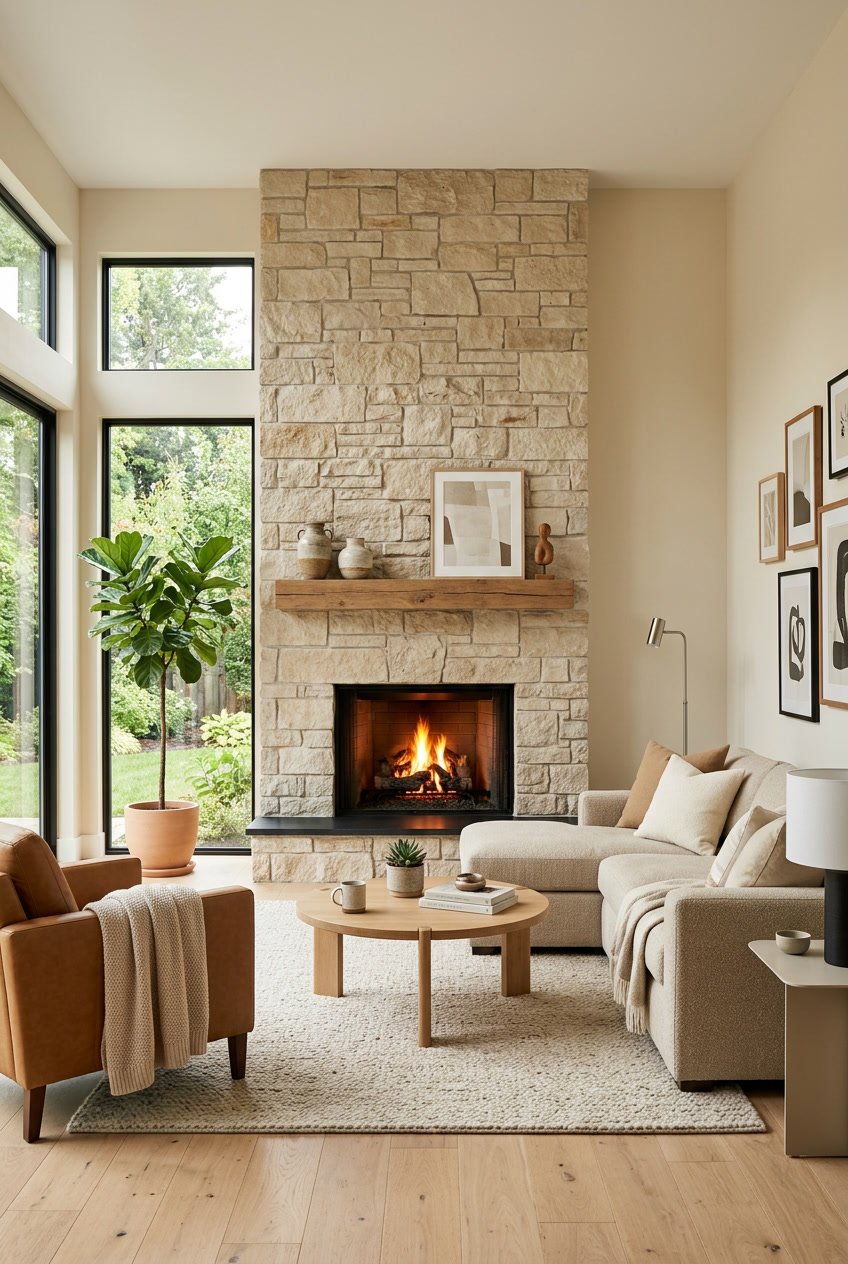 Wohnzimmer mit Kamin und beiger Natursteinverkleidung, umgeben von beigen Möbeln und natürlichem Licht.