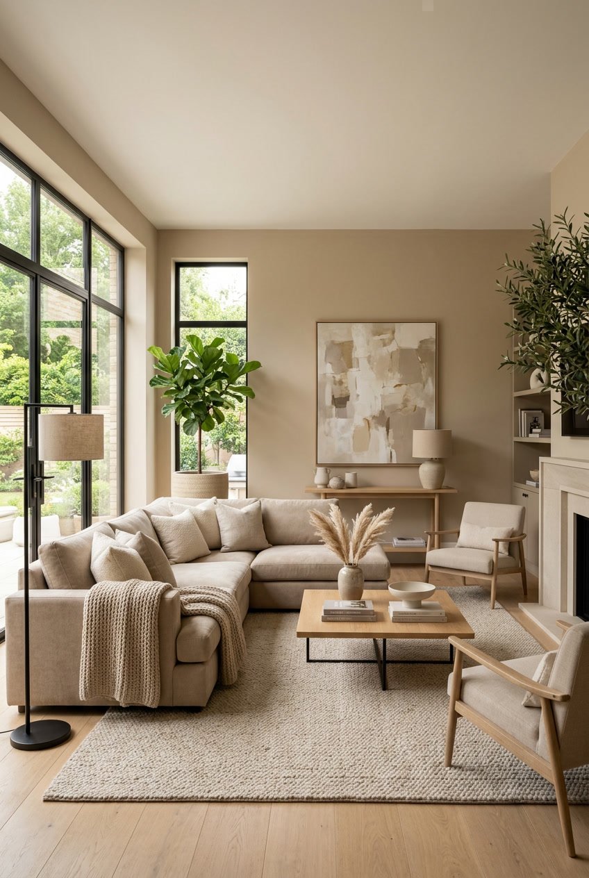 Ein modernes Wohnzimmer mit beigen Wänden, Sofa und Möbeln, heller Beleuchtung und dekorativen Pflanzen.