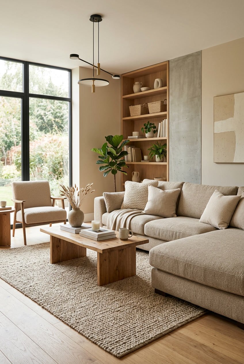 Ein Wohnzimmer mit einem beigen Sofa, Holzmöbeln, Teppich und großen Fenstern, durch die Tageslicht einfällt.