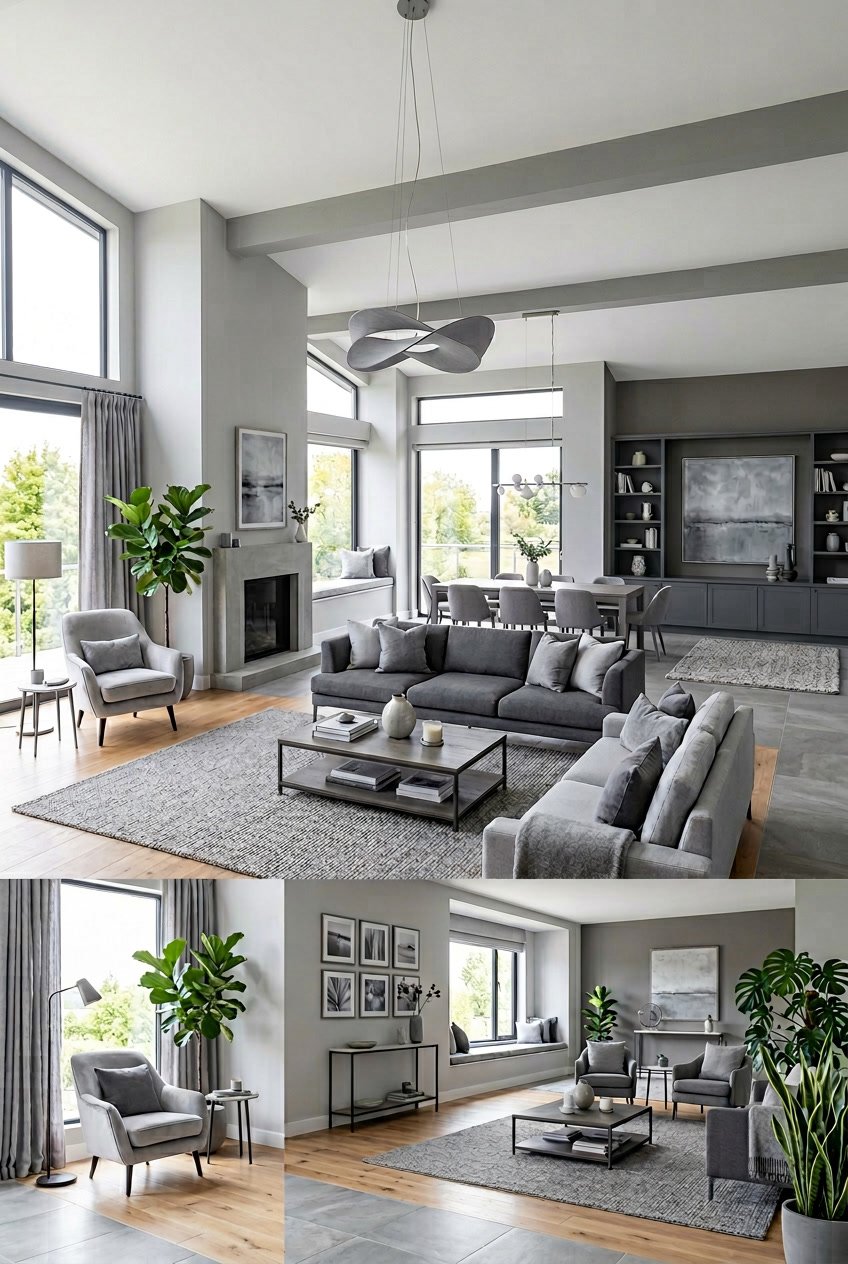 Ein Wohnzimmer mit mehreren Sitzgelegenheiten, Tischen und großen Fenstern, das hell und einladend wirkt.