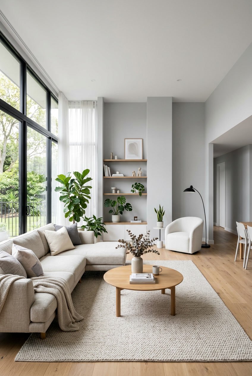 Ein helles Wohnzimmer mit hellgrauen Wänden, großen Fenstern und moderner, schlichter Einrichtung.