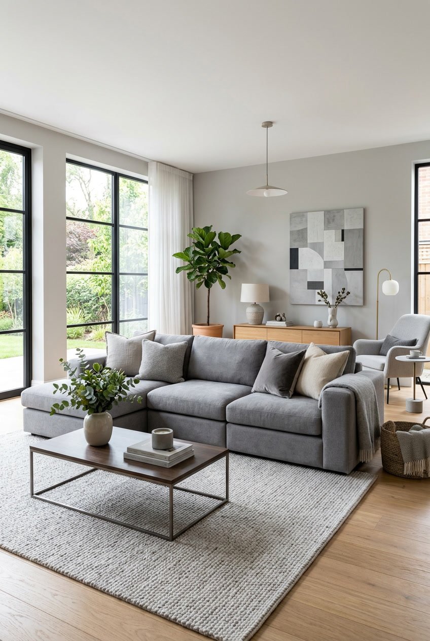 Wohnzimmer mit einer großen grauen Couch im Mittelpunkt, umgeben von Möbeln und Dekorationen.