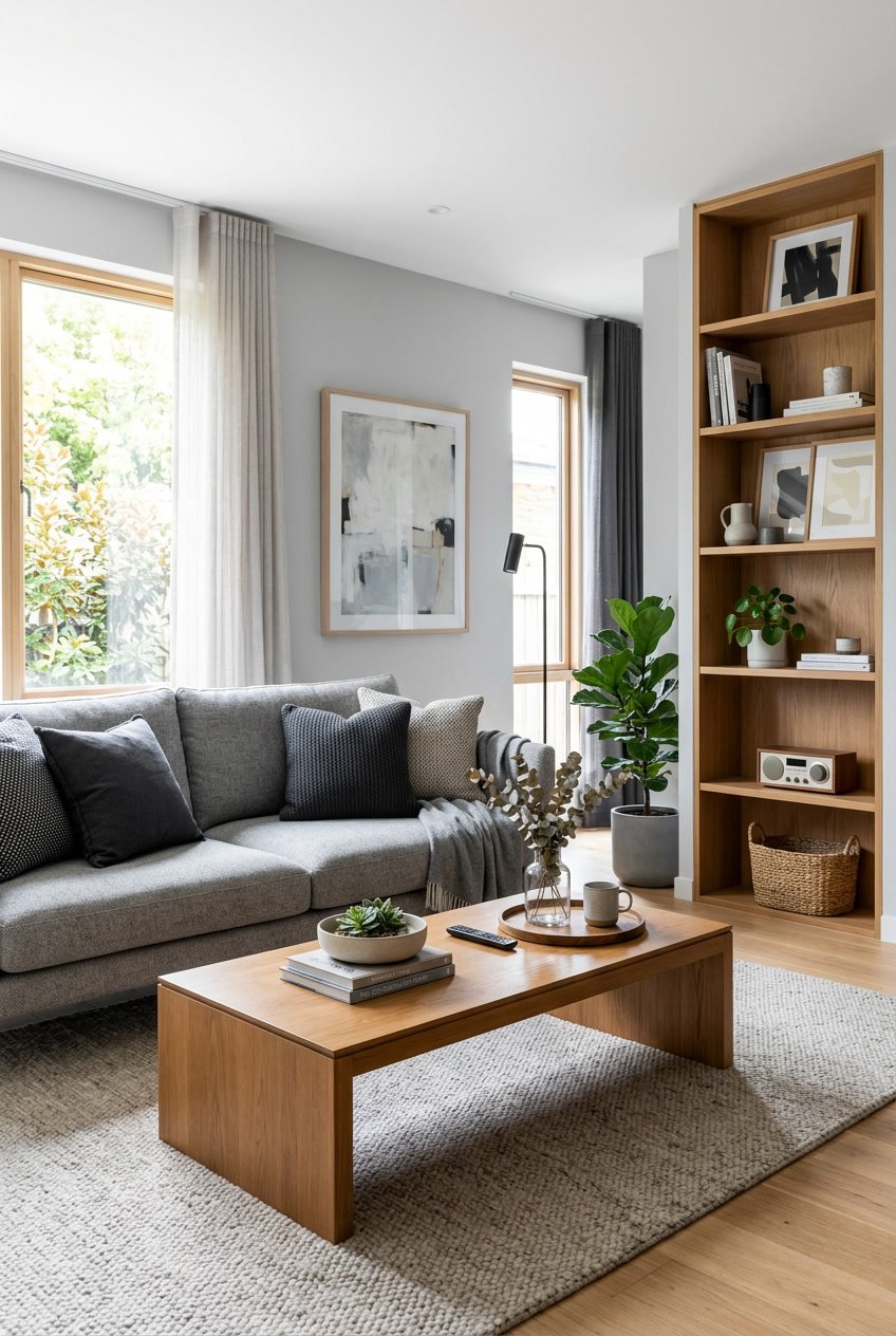 Modernes Wohnzimmer mit grauem Sofa und warmen Holzakzenten, natürlichem Licht und gemütlicher Atmosphäre.