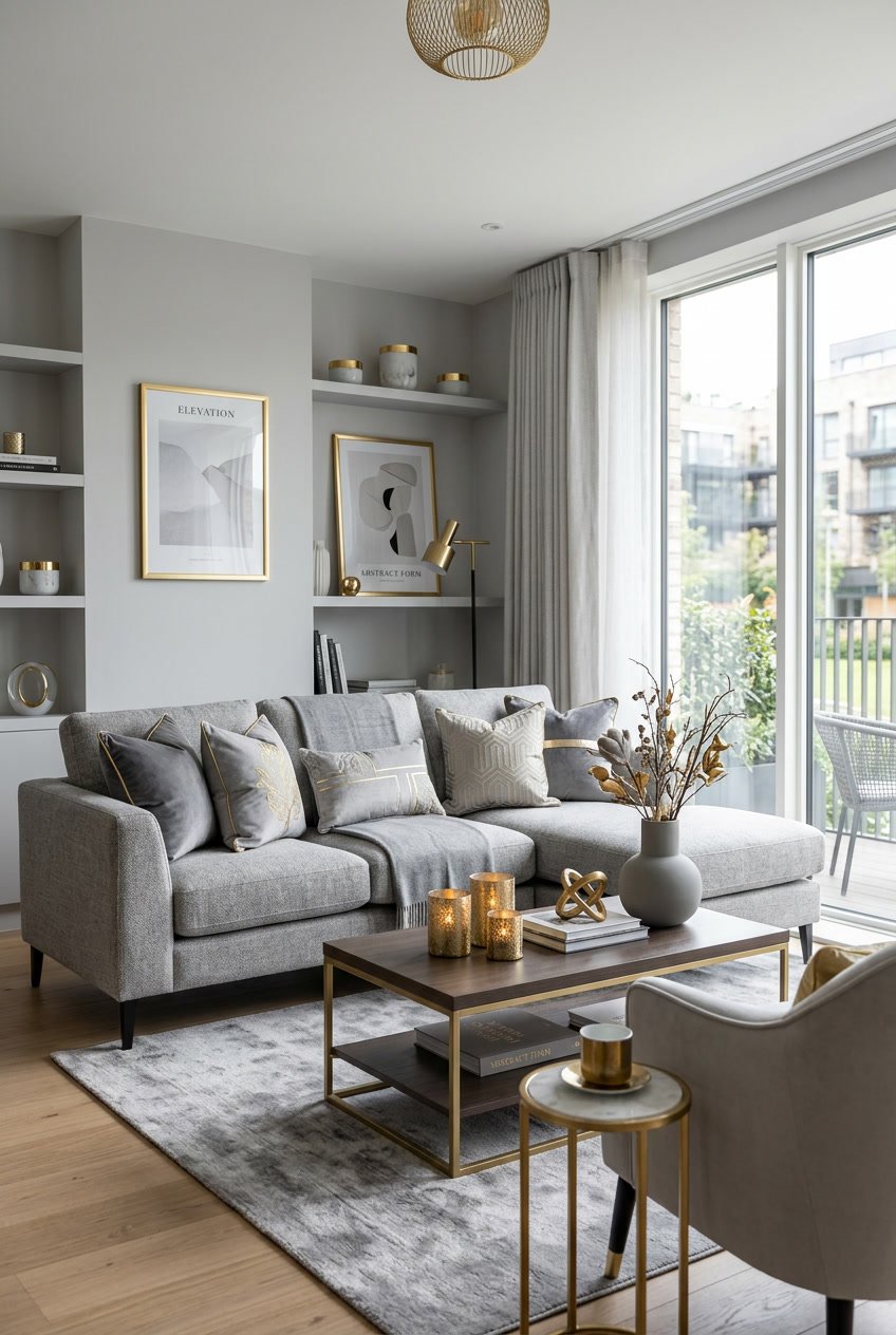 Ein Wohnzimmer mit grauem Sofa und goldenen Dekorationen auf dem Tisch und im Regal, beleuchtet von natürlichem Licht.