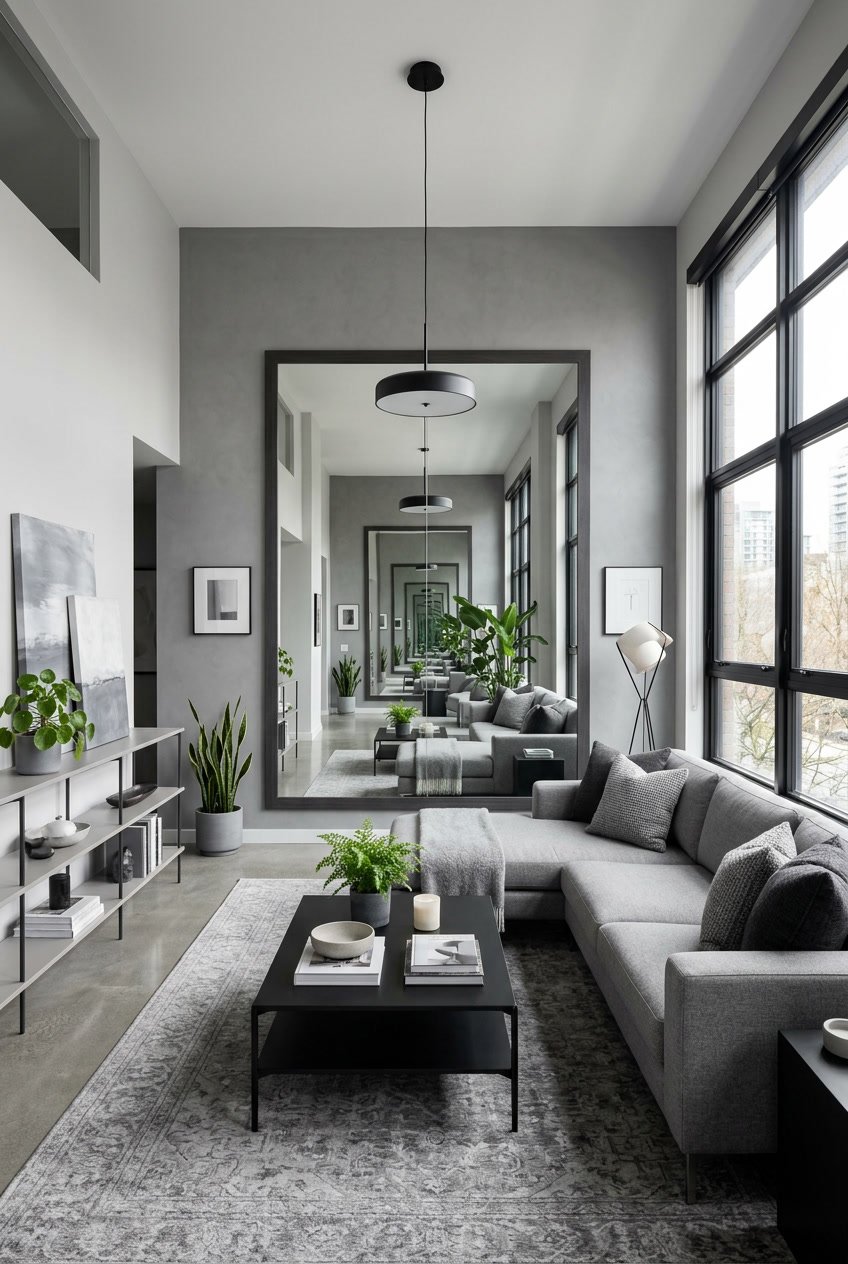 Ein modernes Wohnzimmer mit grauen Möbeln und einem großen Spiegel, der Tiefe schafft.