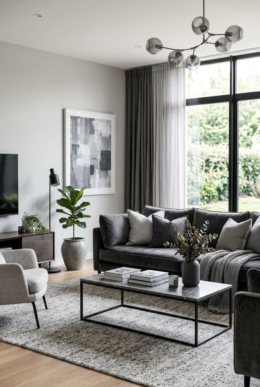 Ein Wohnzimmer mit grauem Sofa aus Samt und Kissen aus Leinen, einem Couchtisch und großen Fenstern im Hintergrund.