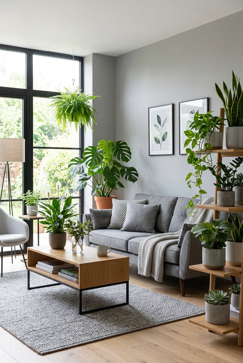 Wohnzimmer mit grauem Sofa und verschiedenen grünen Pflanzen, die Farbe ins Zimmer bringen.