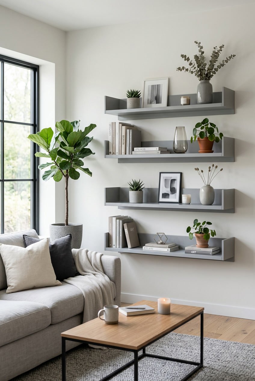 Ein Wohnzimmer mit grauen Regalen, die ordentlich mit Büchern und Dekorationen bestückt sind, neben einem Sofa und einem Couchtisch.