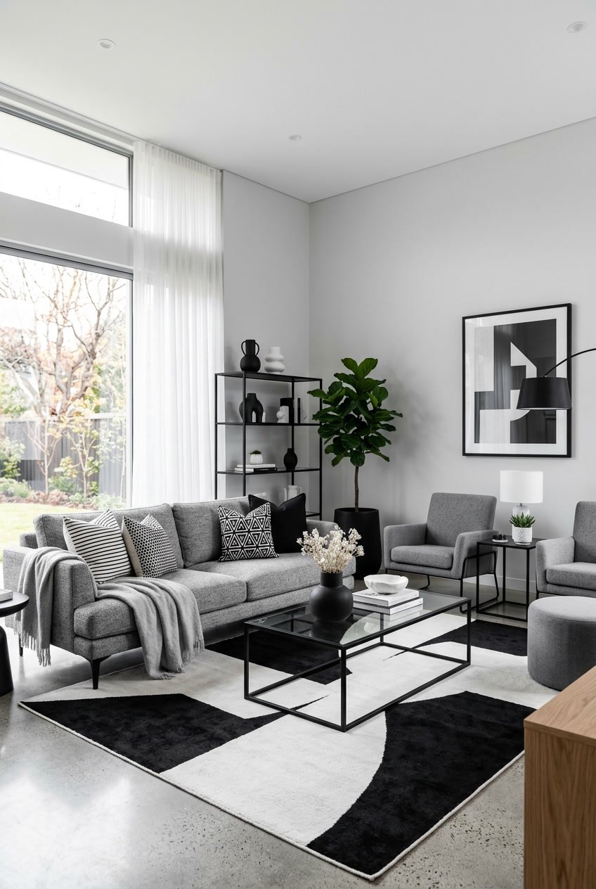 Ein modernes Wohnzimmer mit grauem Sofa und schwarzen sowie weißen Accessoires, die einen Kontrast schaffen.