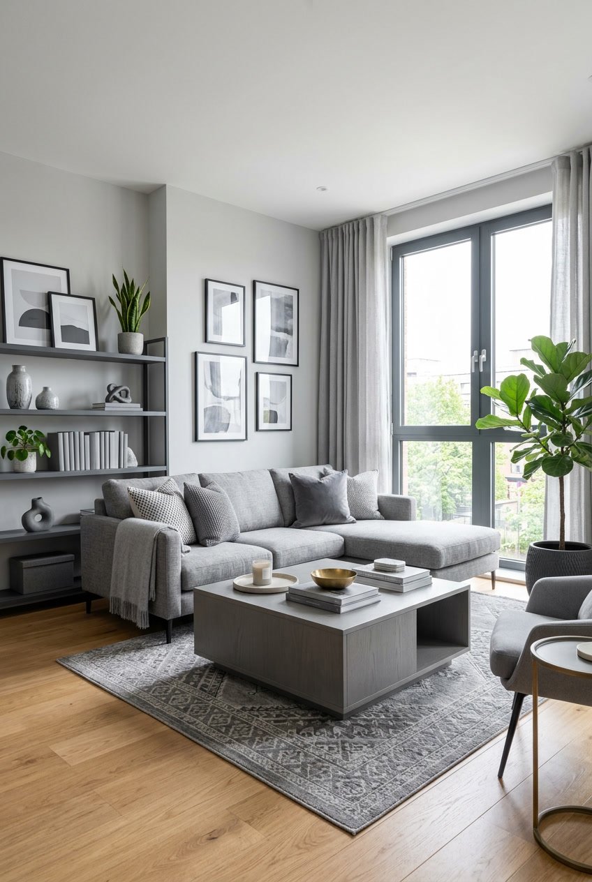 Ein Wohnzimmer mit grauem Sofa, Couchtisch, Regalen, Pflanzen und großen Fenstern, das hell und einladend wirkt.