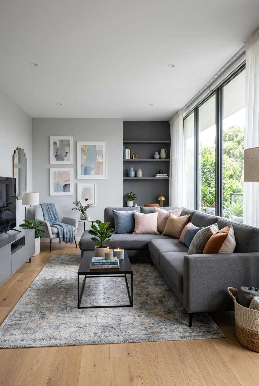 Ein Wohnzimmer mit grauem Sofa, bunten Kissen, einem Couchtisch und großem Fenster mit Vorhängen.