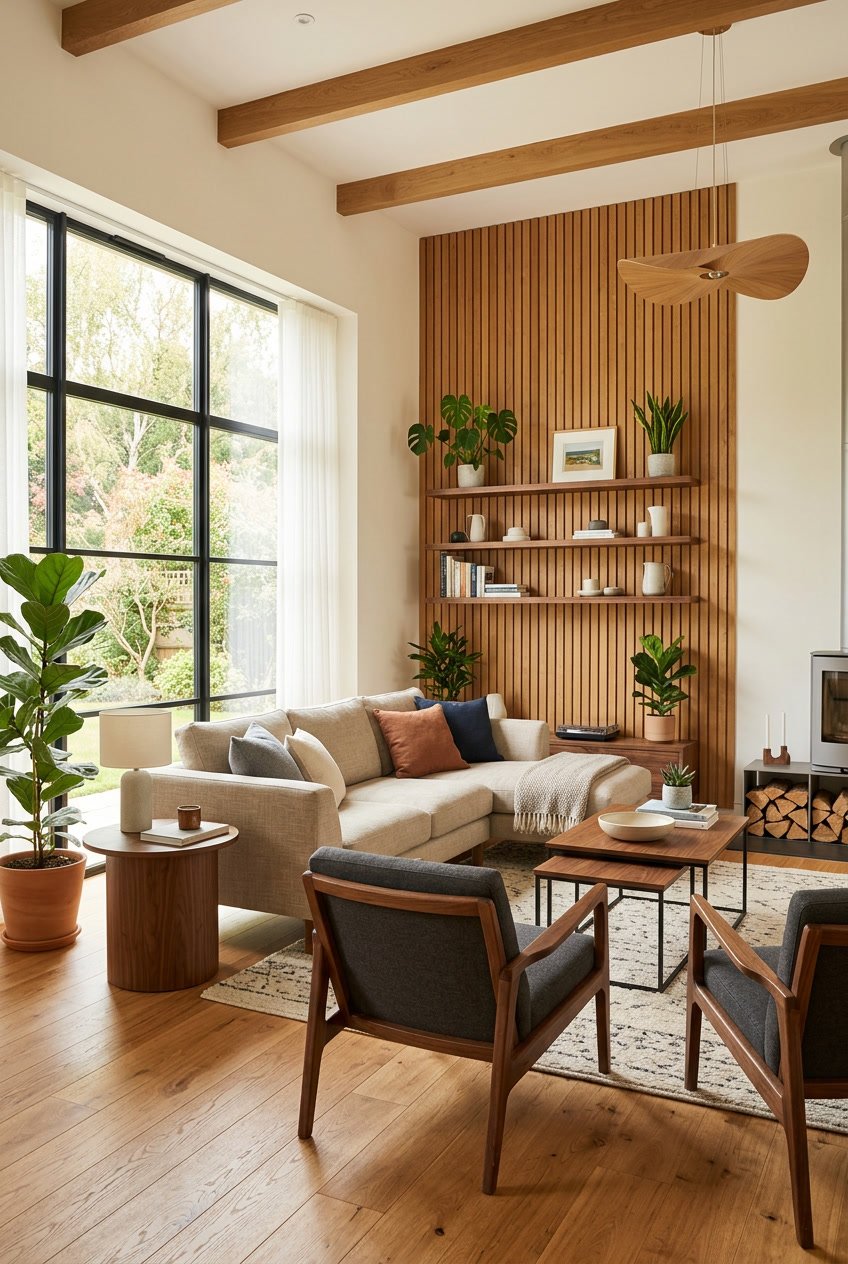 Ein Wohnzimmer mit Sofa, Sesseln, Holzmöbeln und großen Fenstern, durch die Tageslicht einfällt.