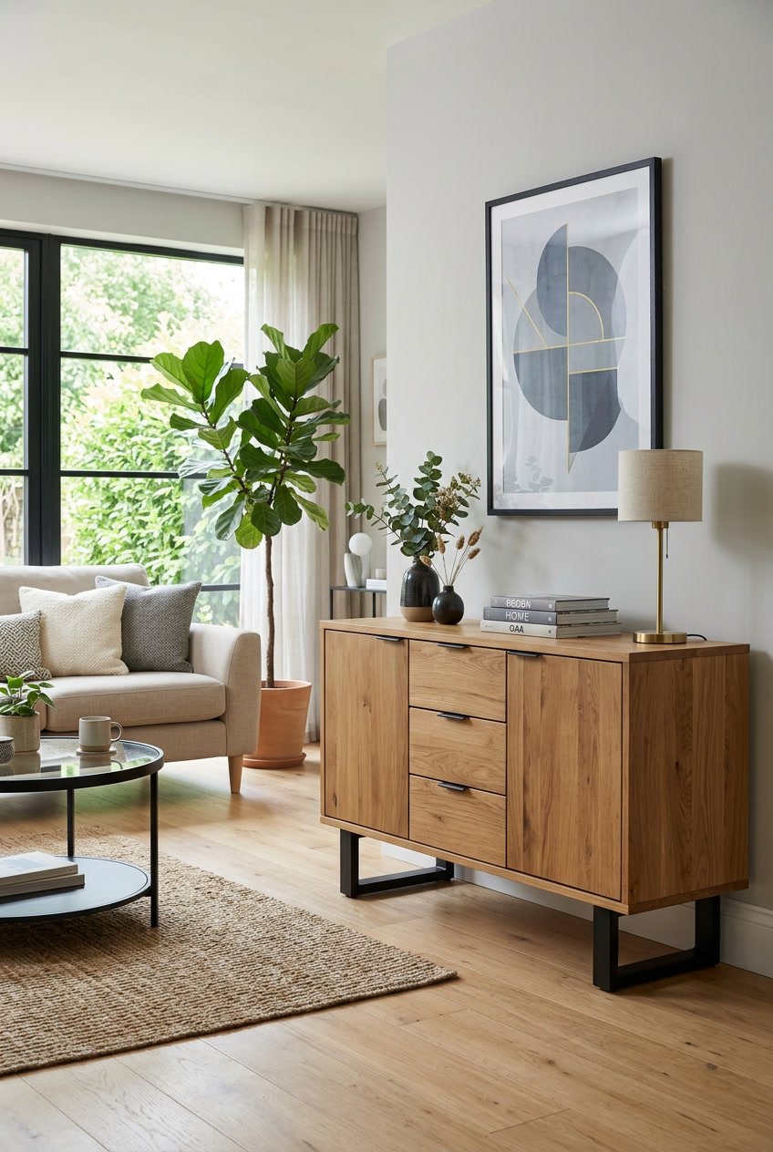 Massivholz-Sideboard aus Eiche mit schwarzen Metallbeinen in einem Wohnzimmer mit Sofa, Pflanzen und natürlichem Licht.