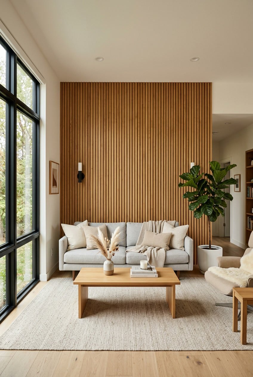 Wohnzimmer mit einer Wand aus vertikal angeordneten Holzlamellen, einem Sofa und einem Couchtisch.